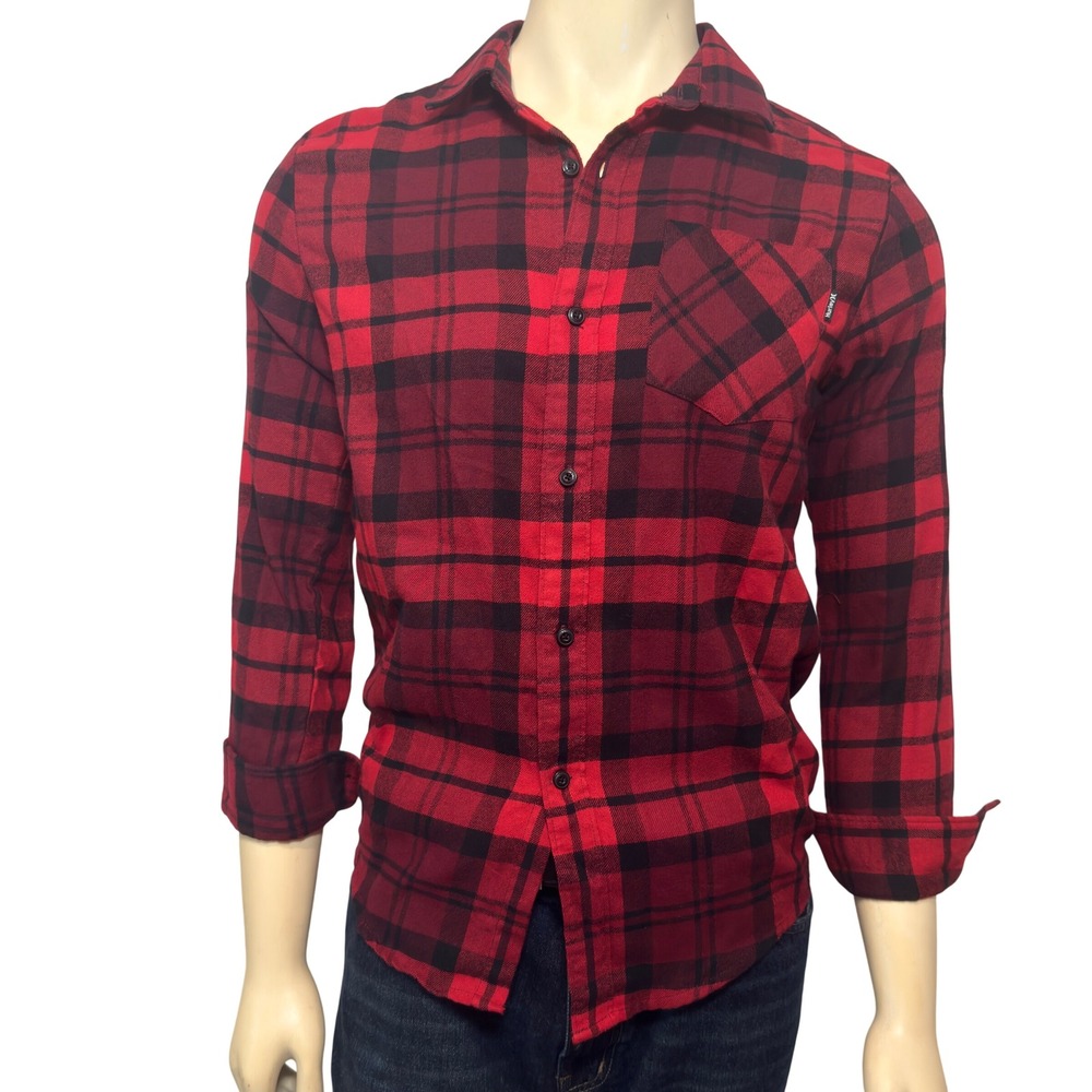 Hurley Boys Long Sleeve Flannel Shirt Red Black Buffalo Plaid XL 13-15 Yrs